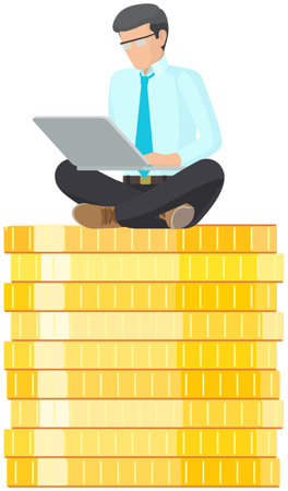 Businessman works with money and technology. Male employee is sitting on pile of gold coins with laptop and working remotely. Busy man in suit is working in business freelance using computerのイラスト素材