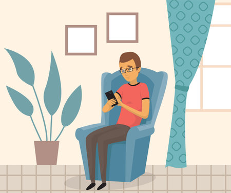 Man uses smartphone while sitting on chair. Internet surfing or reading article. Guy looks at screen of mobile device with application. Male character with glasses uses mobile app on phoneのイラスト素材
