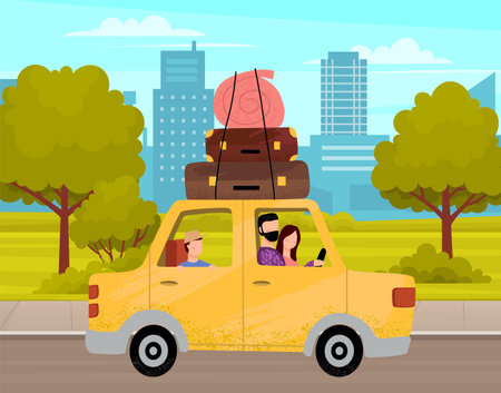 Family traveling together using car. People in relationship driving along highway and looking at cityscape. Man, woman and kid travel countries. Parents with child spend time abroad together on routeのイラスト素材