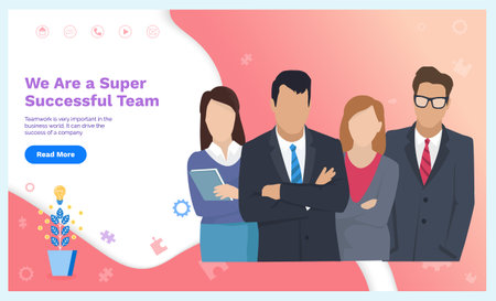 Business team ready to work. Teamwork. Coworkers characters communication. Team building and business partnership. Businessmen people cooperation collaboration. Office workers clerks standing togetherのイラスト素材