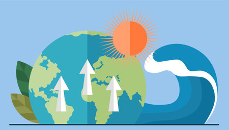 Global warming, sea level rise, increase in temperature of planet, evaporation of worlds oceans. Ecological catastrophy, human impact on ecology. Saving Earth and environmental care, climate changeのイラスト素材