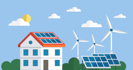 Electric energy technology off grid OTG inverter, charge controller, battery, meter, solar panels and wind turbines. Solar cell system. Solar panel system collector from poly crystalline square cellsのイラスト素材