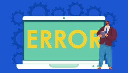 Warning error concept, businessman looking at an internet failure screen on computer, page unavailable. Caution sign on laptop. Concept of technical support, website maintenance services, securityのイラスト素材