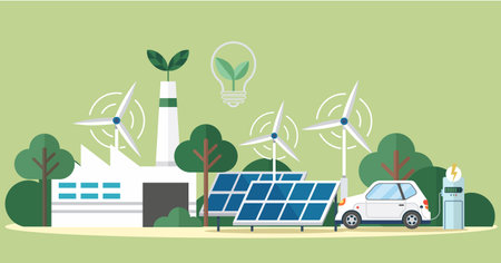 Solar panel and batteries with sun. Electric car charging on renewable smart power off-grid system. Solar panels and wind turbines or alternative sources of energy. Vector icons wind turbinesのイラスト素材