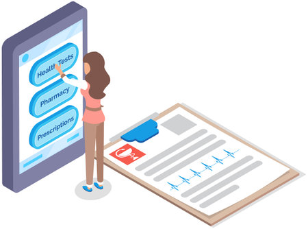 Mobile app for consultations with doctor and diagnosis. Online medical treatment, diagnostics, pharmacy prescription. Woman uses program for health analytics, looking at medical application interfaceのイラスト素材