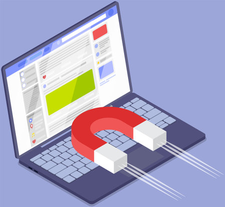Social media concept with loadstone. Attract customers and target audience on social networks. Followers follow social trend, people chatting, tag or post comment online. Magnets and profile iconのイラスト素材