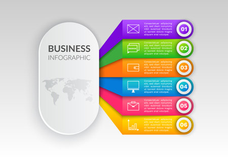 Abstract background with steps, parts, options, processes template. Graphical way of presenting information, data and knowledge. Banner with infographic editions. Business graphic, chart with iconsのイラスト素材