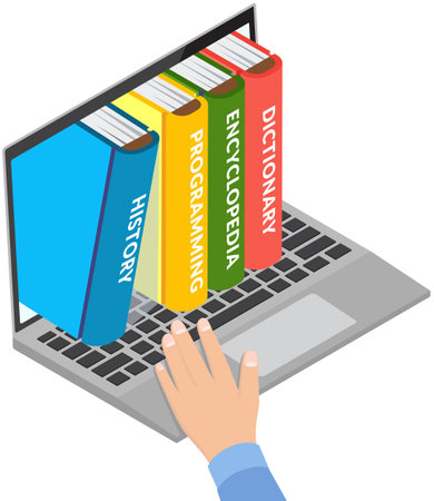 Online reading, digital library concepts. Human hand chooses eBooks in internet bookstore in laptop, literature in electronic form for learning and reading. Application for schoolchildren and studentsのイラスト素材
