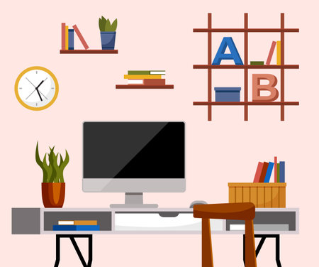 Home office. Interior vector illustration. Work from home. Flat has a minimalist interior design Organized desk to create productive workspace Room had a cozy ambiance with warm lightingのイラスト素材
