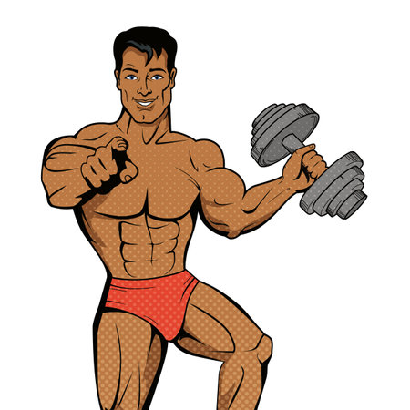 Fitness man. Vector illustration. Fitness exercises help improve overall physical well-being A fitness man workout involves combination of exercises to keep body fit The bodybuilder strikes confidentのイラスト素材
