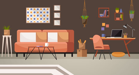 Home office. Interior vector illustration. Work from home. Furniture in workspace arranged for optimal workflow and efficiency Working remotely Interior design minimalist approach for room designのイラスト素材