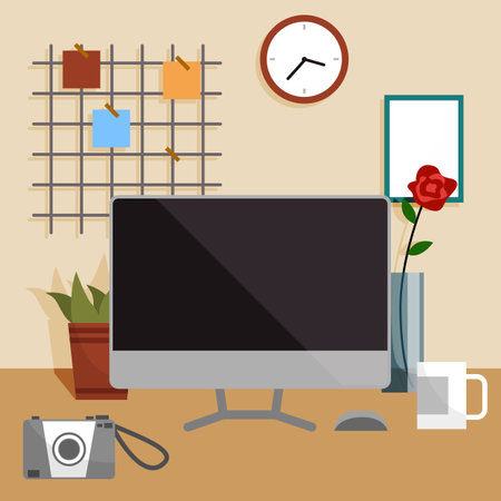 Empty office, place for work at home at table. Working space interior design. Workplace of employee with computer. Desktop, monitor, frame for notes, cup, potted plants. Study place at tableのイラスト素材