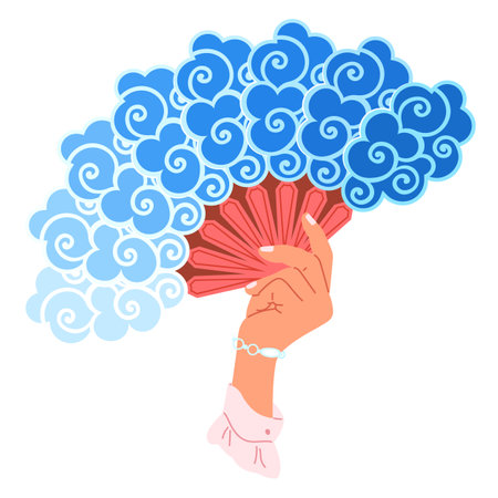 Chenese and Japanese hand fan. Vector illustration. A Japanese fan, palette of emotions beautifully displayed A beauty geishfan, epitome of grace and mystery A Chinese fan, illustrated scrollのイラスト素材