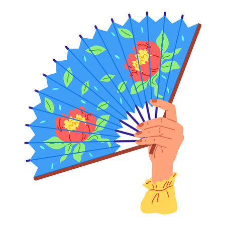 Chenese and Japanese hand fan. Vector illustration. A Chinese fan, window to land of dragons and emperors A handheld fan, steadfast sentinel against searing sun A hand fan, modest tool singing coolのイラスト素材