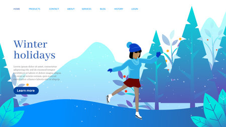 Cartoon girl skates on ice in street, snow is falling on spruces. Winter holidays landing page template. Child wearing winter clothes and racing skates. Happy kid in cold season of year having funのイラスト素材
