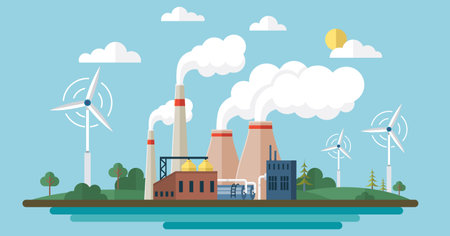 Turbine wind power green energy electricity concept wind energy plant with green grass open sky vector illustration. Eco green city theme. Ecological sustainable energy supply, ecological industryのイラスト素材