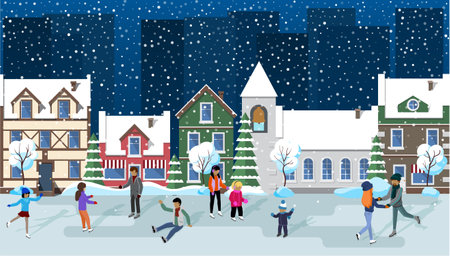 Snowy street. Urban winter landscape with people, modern skyscrapers and traditional city houses. Big skating rink in winter village, happy children with parents ice skating, snow falls in eveningのイラスト素材