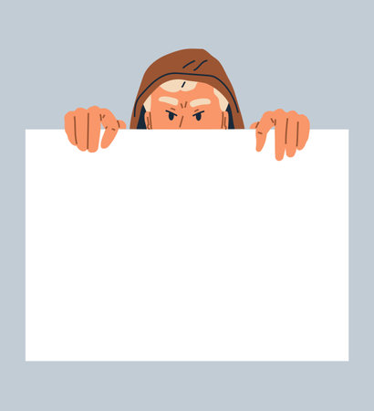 Hooded male character peeping from behind wall. Funny curious man searching something isolated on gray. Curious guy watching or seeking. Surprised person spying, observing, monitoring and studyingのイラスト素材