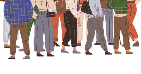 Big queue. Many multitude people. Vector illustration. People waiting in long line found ways to pass time, such as reading or chatting with neighbors The queue group started game to keep themselvesのイラスト素材