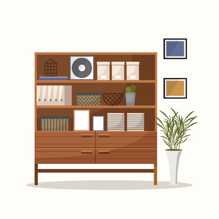Office cabinet with folders, boxes and shelves for document storage organizing. Drawer with paper data business file archive organize room furniture container with information. Office furnitureのイラスト素材