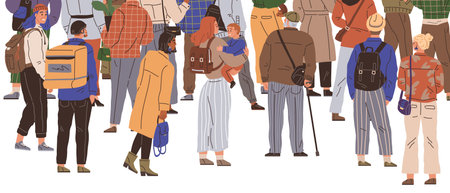 Big queue. Many multitude people. Vector illustration. The crowd queuing for movie premiere braved cold weather with excitement The queue snaked around block, capturing attention passersby Peopleのイラスト素材