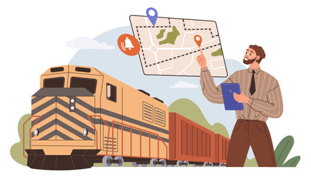 Logistics by train, parcels shipping, loading or unloading vector flat design. Railway transportation and shipment transport, cargo freight logistics. Logistician planning route for delivery by trainのイラスト素材