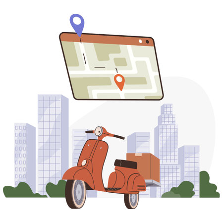 Fast and free delivery by scooter. Shipment of freights, product delivery, retail distribution. Transportation of parcels by motorbike in urban city. Modern ways of transporting goods in downtownのイラスト素材