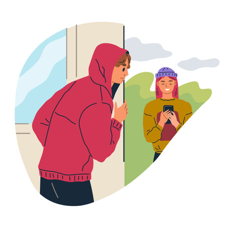 Spying, observing and sneaking. Vector illustration. Looking out, vigil against unforeseen circumstances Peeking person, cautious observer operating from shadows Spy, figure veiled in art of stealthのイラスト素材