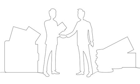 Handshake of two business men. Businessman shaking hands. Businessmen meeting. Hand shaking meeting agreement. Handshake of business people partners. Symbols of success deal. One line style on whiteのイラスト素材