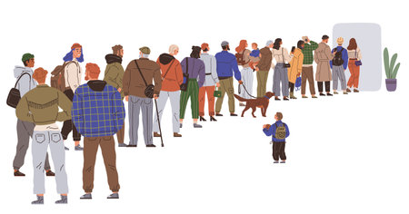 Big queue. Many multitude people. Vector illustration. The crowd was orderly, with everyone queuing...