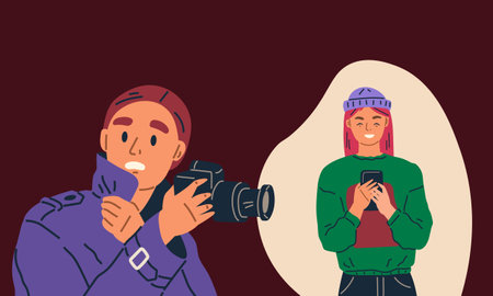 Spying, observing and sneaking. Vector illustration. Characters peeping, silent figures drawn by curiosity Looking out, measure of caution or anticipation Peeking person, hidden watcher treadingのイラスト素材