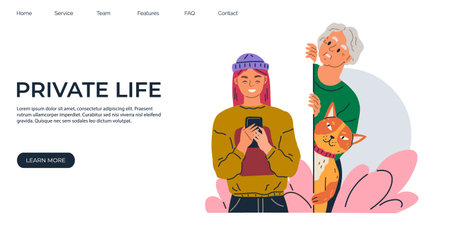 Non respect of private life landing page. Curious old lady gossip listen overhear and spy out corner. Searching, observing woman secretly looking out from wall listening to phone conversation of girlのイラスト素材