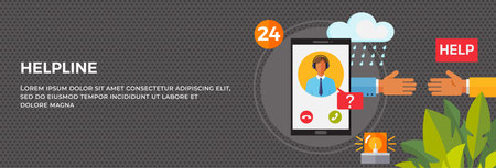 Customer support service web banner, live remotely helpline communication landing page vector illustration. Client hotline advice assistant communication consulting answering question promo postのイラスト素材