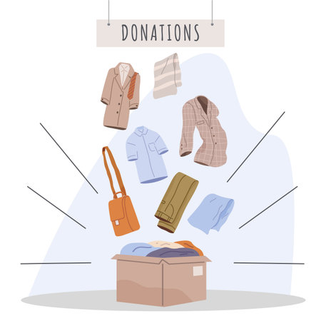 Clothes donation. Vector illustration. Helping poor through clothes donations is selfless act Clothes donations provide relief and support to disadvantaged individuals The clothes donation conceptのイラスト素材