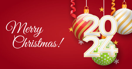 Merry Christmas card. Vector illustration. The golden bell jingled merrily announcing arrival Santa The party invitation was adorned with red and snowy decorations Snowflakes and ornaments are popularのイラスト素材