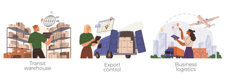 International logistic. Global delivery export. Vector. The speed inventory delivery is improved with efficient worldwide shipping services Modern international logistics employ advanced trackingのイラスト素材