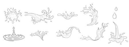Water and juice splash liquide. Black doodle line. A spill shape, compelling composition arising from moment of disruption A water splash, dynamic display of aquatic motion Fresh juice splashedのイラスト素材