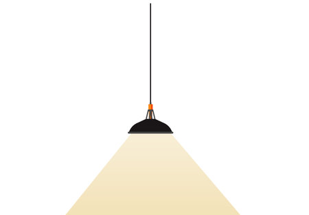 Hanging black lamp stylish appliance with light, lighting device vector. Modern chandeliers metal or glass plafond. Home, room or studio decor loft style. Element for house or office interior designのイラスト素材