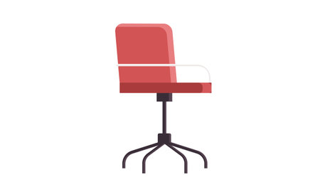 Office ergonomic red chair flat design. Vector icon comfortable fashionable chair on wheels isolated on white background. Furniture item for office interior boss cabinet. Object for sit with armrestsのイラスト素材