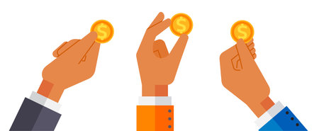 Hands hold golden coin in two fingers flat style design vector illustration. Donate dollar currency or more. Symbol of donation isolated on white background. Money donation, charity, investmentのイラスト素材