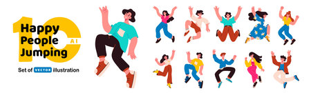Happy people jump. Person fly vector illustration. Happy people jump set. Young character energy pose. Student joy. Happy youth man and woman. Happy jumping people celebrating event and freedom dance.のイラスト素材