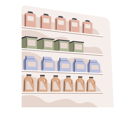 Plastic detergent bottles on store shelves Household chemicals containers plastic bottle pack, cleaning housework liquid domestic fluid cleaner in supermarket. Industrial chemicals different bottlesのイラスト素材