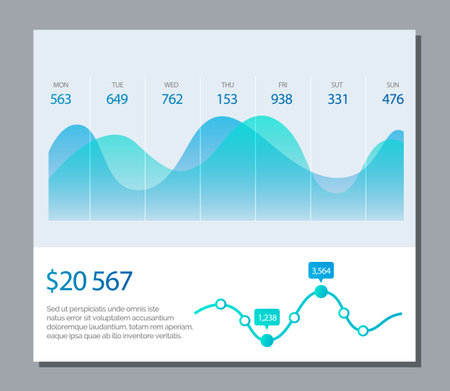Infographic dashboard. Admin panel. Vector illustrarion The finance department analyzed companys budget The information was presented in concise and accessible manner The financial report highlightedのイラスト素材