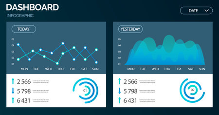 Infographic dashboard admin panel. Online analytics, financial report chart, data analysis, and web development concept. Data chart company profile, with info graphic elements business presentationのイラスト素材