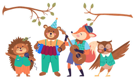 Animal band vector illustration. Celebrate with wildlife orchestra, musical performance group brings joy to the atmosphere. Hedgehog sings, bear plays accordion, fox plays guitar, owl dancesのイラスト素材