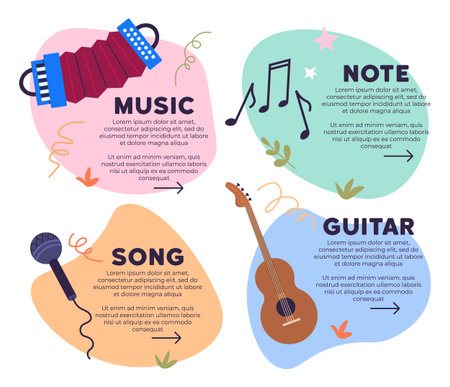 Musical instruments vector illustration. Instruments, acoustic and classical, unite in rhythmic and melodic spectacle symphony entertainment, where harmony prevails. Music, note, song, guitarのイラスト素材