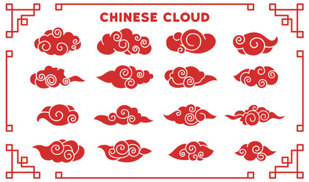 Chinese clouds vector illustration. Vintage ornamentation reflects enduring charm Chinese clouds in sky Chinas cloudscape weaves tale tradition and beauty cloudy skies East Asian culture embracesのイラスト素材