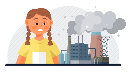 Air pollution vector illustration. Contamination is dark shadow cast by sinister hand air pollution The protective armor our ecological warriors is tested in face rampant air pollutionのイラスト素材