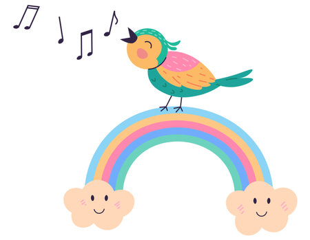 Animal music vector illustration. Happy animals create festive atmosphere, turning zoo into lively event with cheerful music band as they perform joyful melody in zoo. A bird sings on a rainbowのイラスト素材