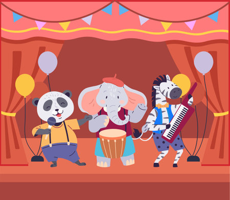 Animal music vector illustration. Join orchestra creatures as they perform lively melody in zoo music band turns zoo into celebration. Zebra plays electric piano, elephant plays drums, panda singsのイラスト素材